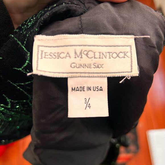 Jessica McClintock for Gunne Sax Green Glitter Velvet Party Dress Size 3/4 - Picture 4 of 6
